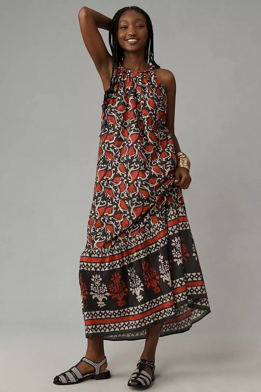NWT VELVET by Graham & Spencer Red Black Floral Tie Neck Ghita Midi Dress Size S